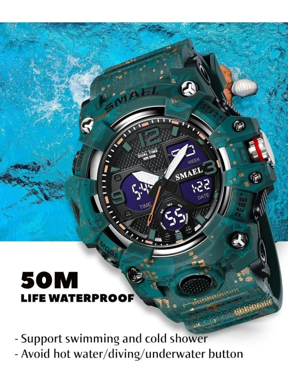 Mens Camo Blue Analog Quartz S-Shock Waterproof Outdoor Sports LED Digital Watch